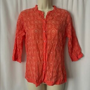 Johnny Was Coral Orange 3/4 Sleeve Floral Eyelet Blouse Shirt Top **Size S** 🌸🌸